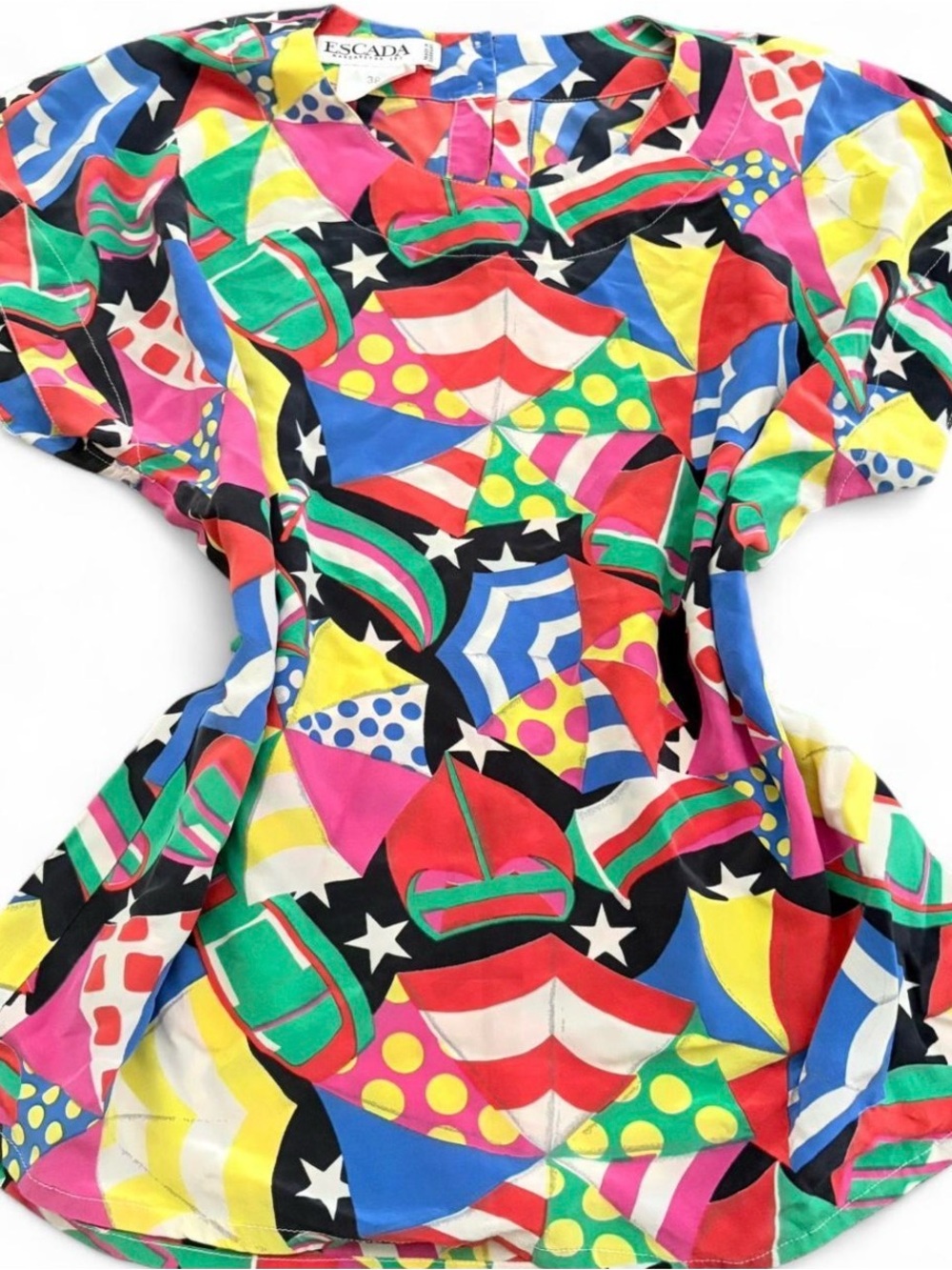 Vintage Escada 100% Silk Multicolor Abstract Umbrella Print Blouse